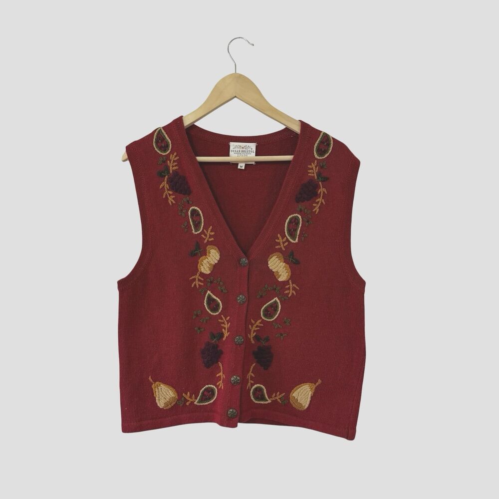 Vintage Susan Bristol Medium Cardigan Sweater Vest Hand Embroidered Womens READ